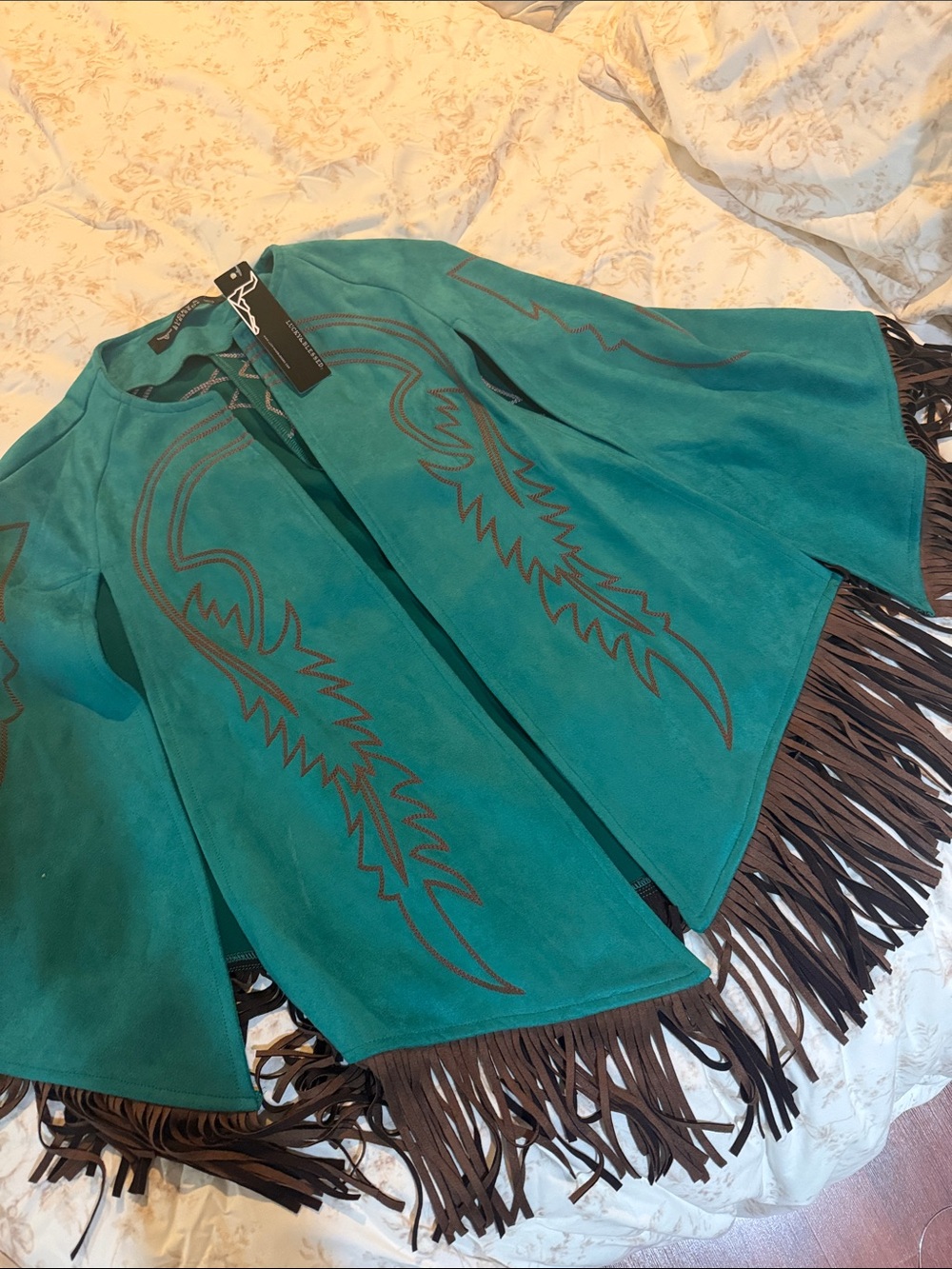 Lucky & Blessed Teal Suede Fringe Cape with Brown Embroidery